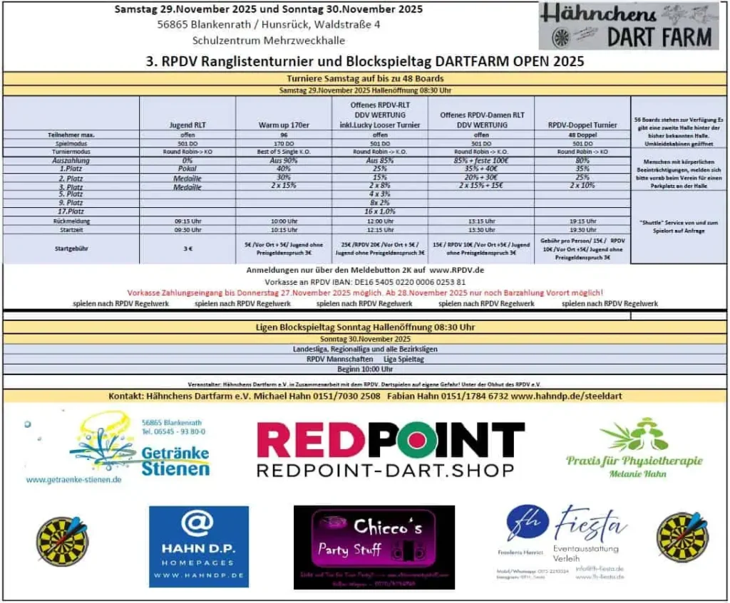 Plakat zum 3. RPDV-Ranglistenturnier und Blockspieltag DARTFARM OPEN 2025 in Blankenrath