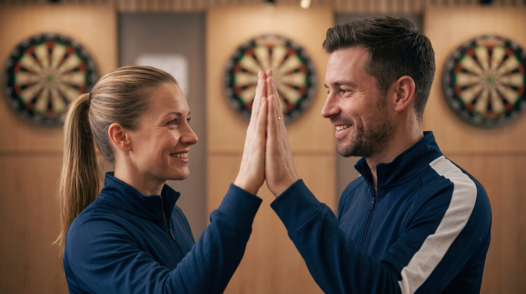 Zwei Personen in Vereinskleidung klatschen sich vor einer Dartboard-Wand ab