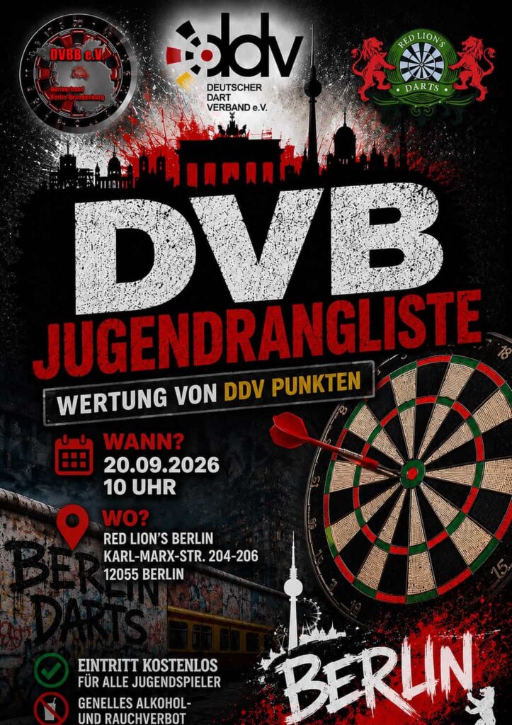 Ankündigungsgrafik zur DVB-Jugendrangliste am 20. September 2026 im Red Lion's Berlin, Wertung von DDV-Punkten