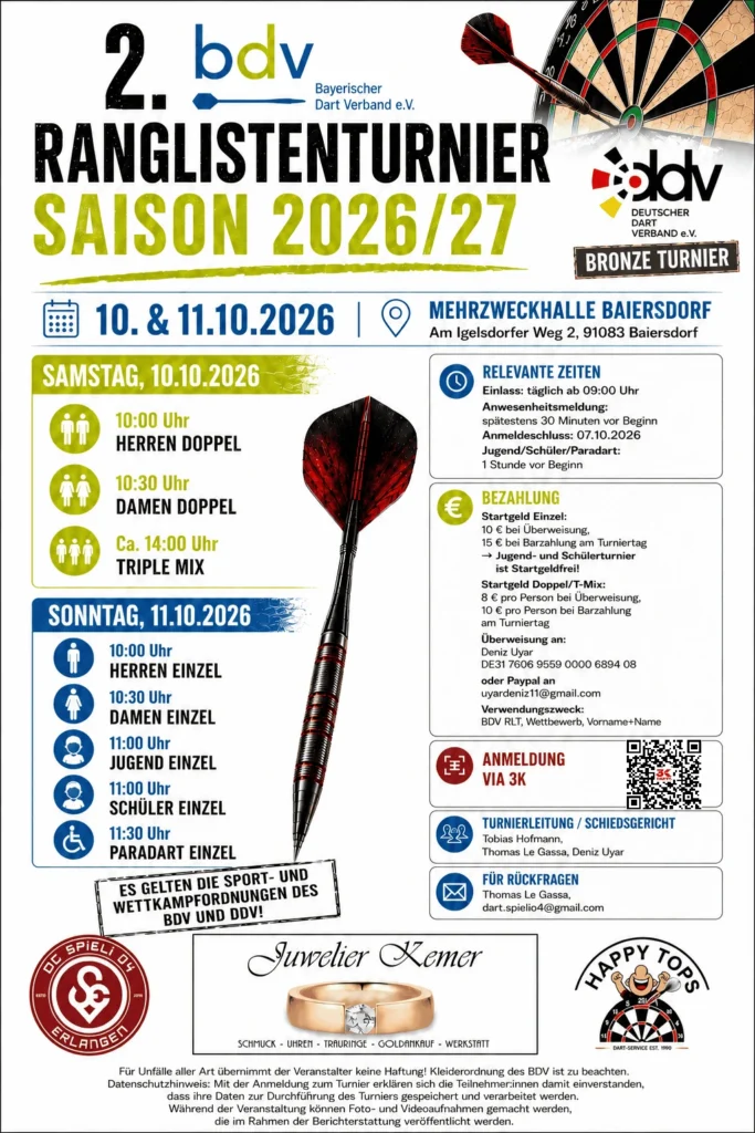Ankündigungsgrafik zum 2. BDV-Ranglistenturnier der Saison 2026/27 (DDV-Bronze) am 10. und 11. Oktober 2026 in der Mehrzweckhalle Baiersdorf, mit Zeitplan, Startgeldern, Anmeldung und Kontakt