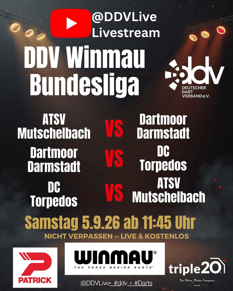 Ankündigungsgrafik zum Livestream des 1. Spieltags der DDV WINMAU Bundesliga am 5. September 2026